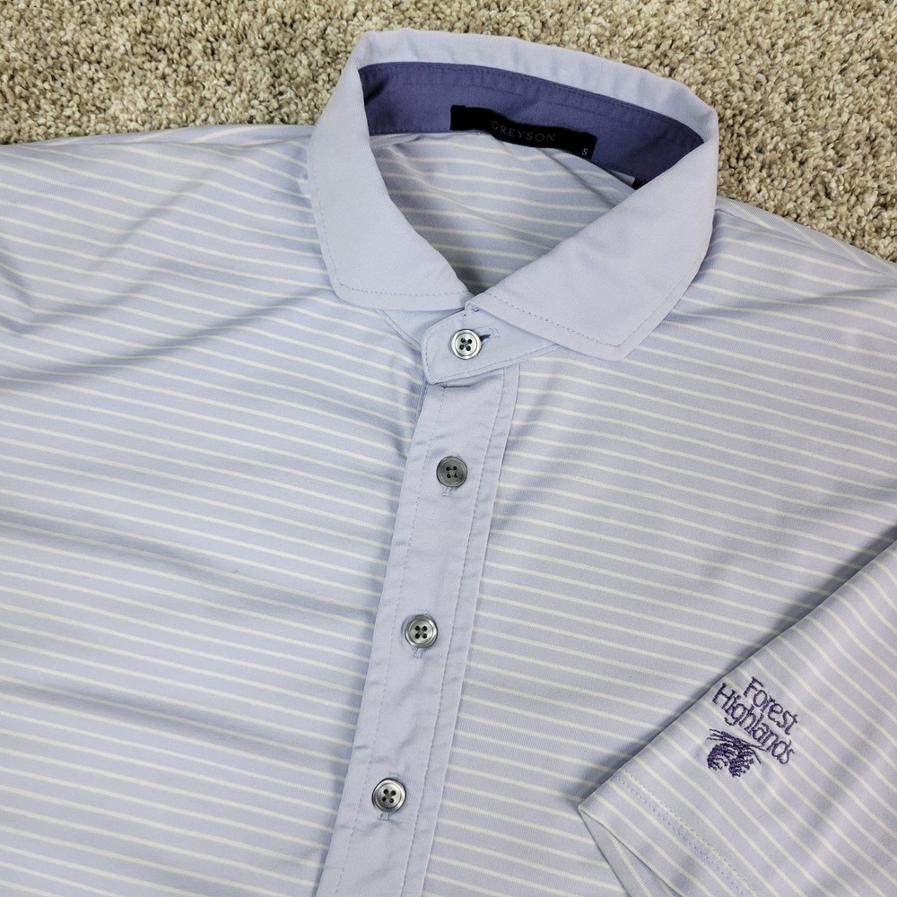 Greyson Polo Shirt Mens S Purple Striped Forest Highlands Logo Short Sleeve Golf